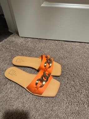 ShuShop Orange Slide Sandals with Gold Chain Accent